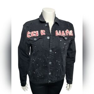 SPARK  Distressed BLK Denim L Jacket "SELF MADE" Streetwear Grungecore‎ Punkrock